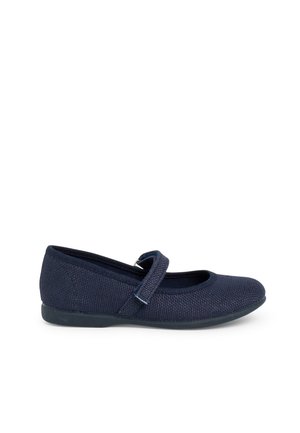 Zapato Mary Jane azul marino con un upper de tela texturizada, punta redondeada y una correa en el empeine. Suela de goma baja.