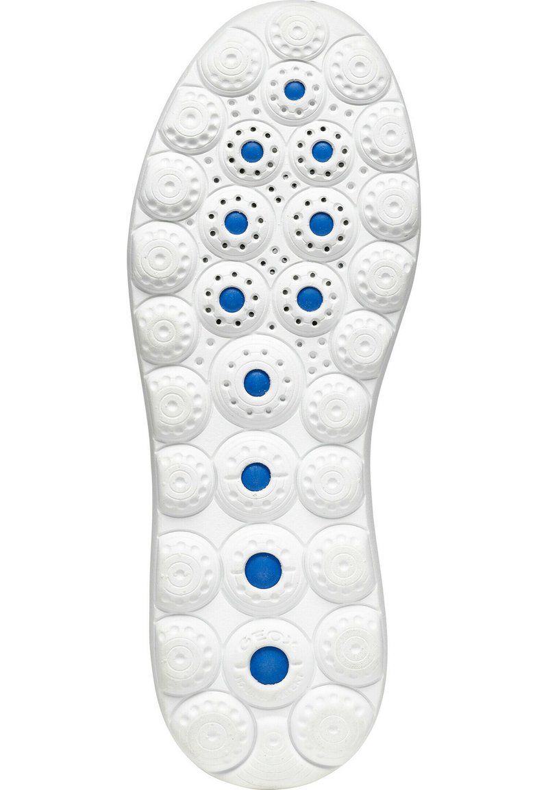 Sola bianca con motivi circolari. Presenta accentuazioni blu in un design forato per la traspirabilità. Forma slanciata e arrotondata.