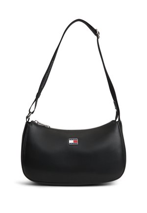 Zwarte schoudertas met verstelbare riem en klein Tommy Jeans-logo plaatje aan de voorkant in het midden.