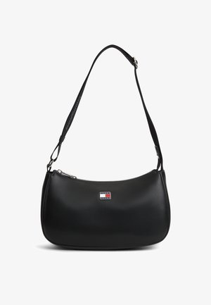 Zwarte schoudertas met verstelbare riem en klein Tommy Jeans-logo plaatje aan de voorkant in het midden.