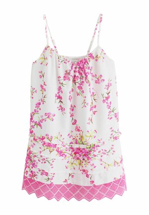 Weißes ärmelloses Top mit dünnen Trägern, pinkem Blumenmuster, gerafftem Ausschnitt und gezacktem pinkfarbenem Spitzenabschluss.