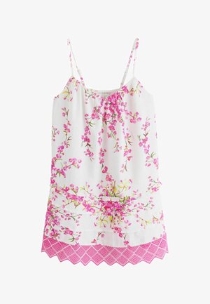 Biely tielkový top s tenkými ramienkami, ružový kvetinový vzor, nazbieraný výstrih a zvlnený ružový čipkovaný lem.