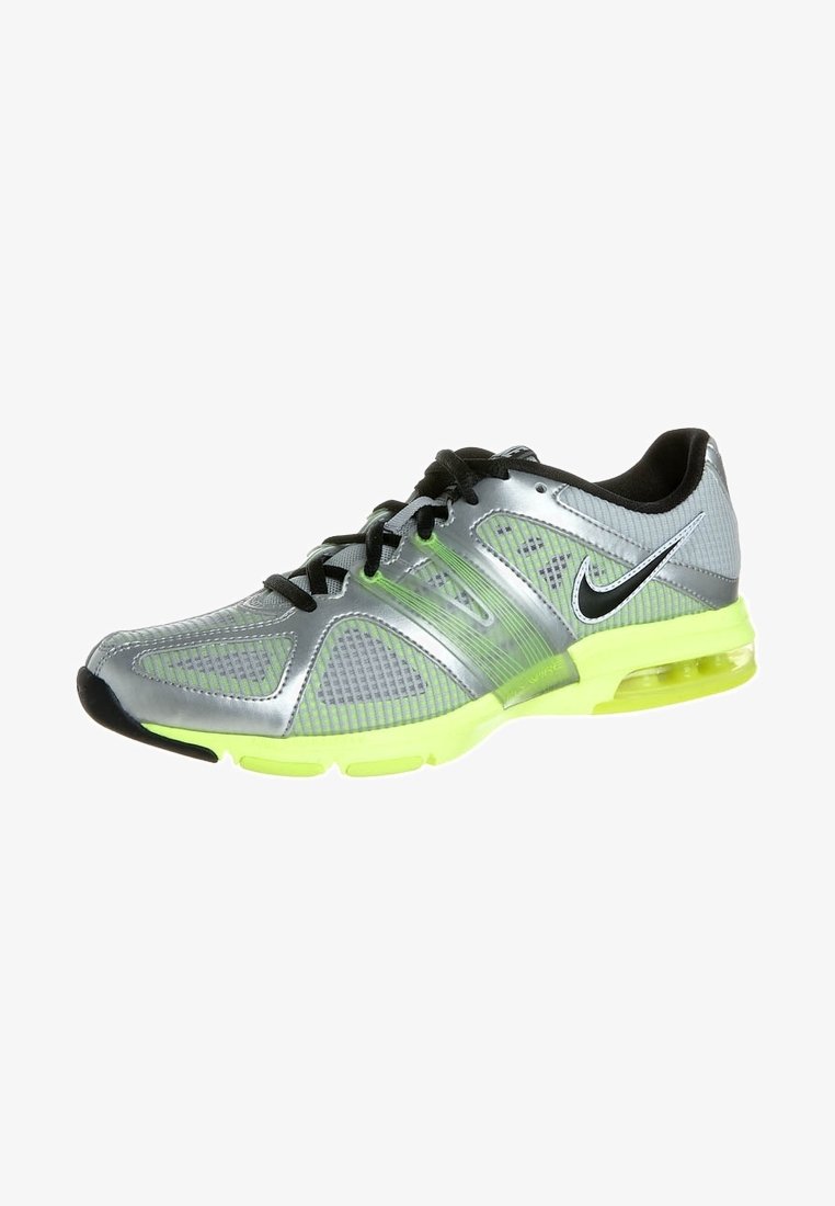 Chaussure de course Nike argentée et verte néon avec lacets noirs et semelle à coussin d'air visible, vue du côté extérieur.
