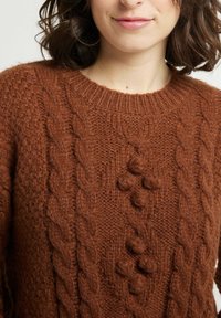 Pull en tricot marron avec des motifs en torsades, des détails en boules et un col rond côtelé. Texture douce et coupe légèrement ample.