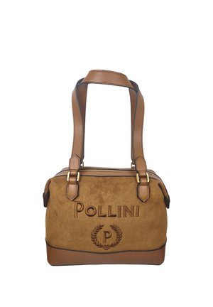 Borsa in suede e pelle marrone con doppi manici, accessori dorati e logo "POLLINI" ricamato sul davanti.