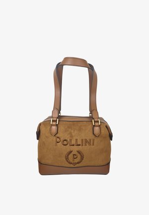 Borsa in suede e pelle marrone con doppi manici, accessori dorati e logo "POLLINI" ricamato sul davanti.