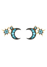 Pendientes de metal turquesa y negro que presentan formas de luna creciente con acentos de estrellas, decorados con pequeñas piedras turquesa y detalles en dorado.