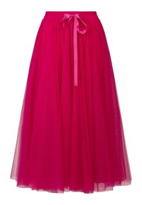 Fuchsiová růžová midi sukně z tylu se skládáním v pase a satinovým páskem na uvázání, splývavé vrstvené materiály, ženský a elegantní styl.