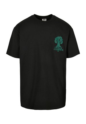 Sort bomulds t-shirt med et turkise grafisk design på brystet med teksten "URBAN CLASSICS". Korte ærmer og rund hals.