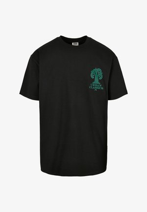 Black cotton t-shirt featuring a turquoise graphic design on the chest with the text "URBAN CLASSICS". Short sleeves and crew neck.