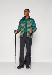 Grønn og teal isolert jakke med glidelås, brukt over en teal skjorte. Svarte bukser og turstaver, robuste svarte sko. Enkel bakgrunn.