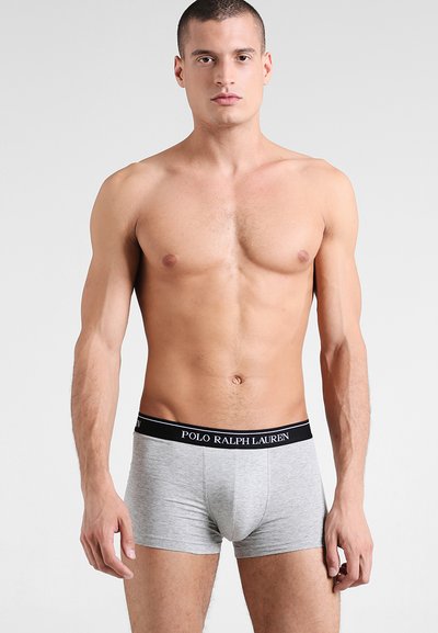 Boxers en coton gris avec une ceinture élastique noire portant le logo "POLO RALPH LAUREN", design ajusté, texture lisse.