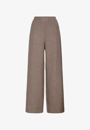 Wide-leg trousers in a textured brown fabric with subtle vertical stripes, featuring a high waist and a smooth elastic waistband.