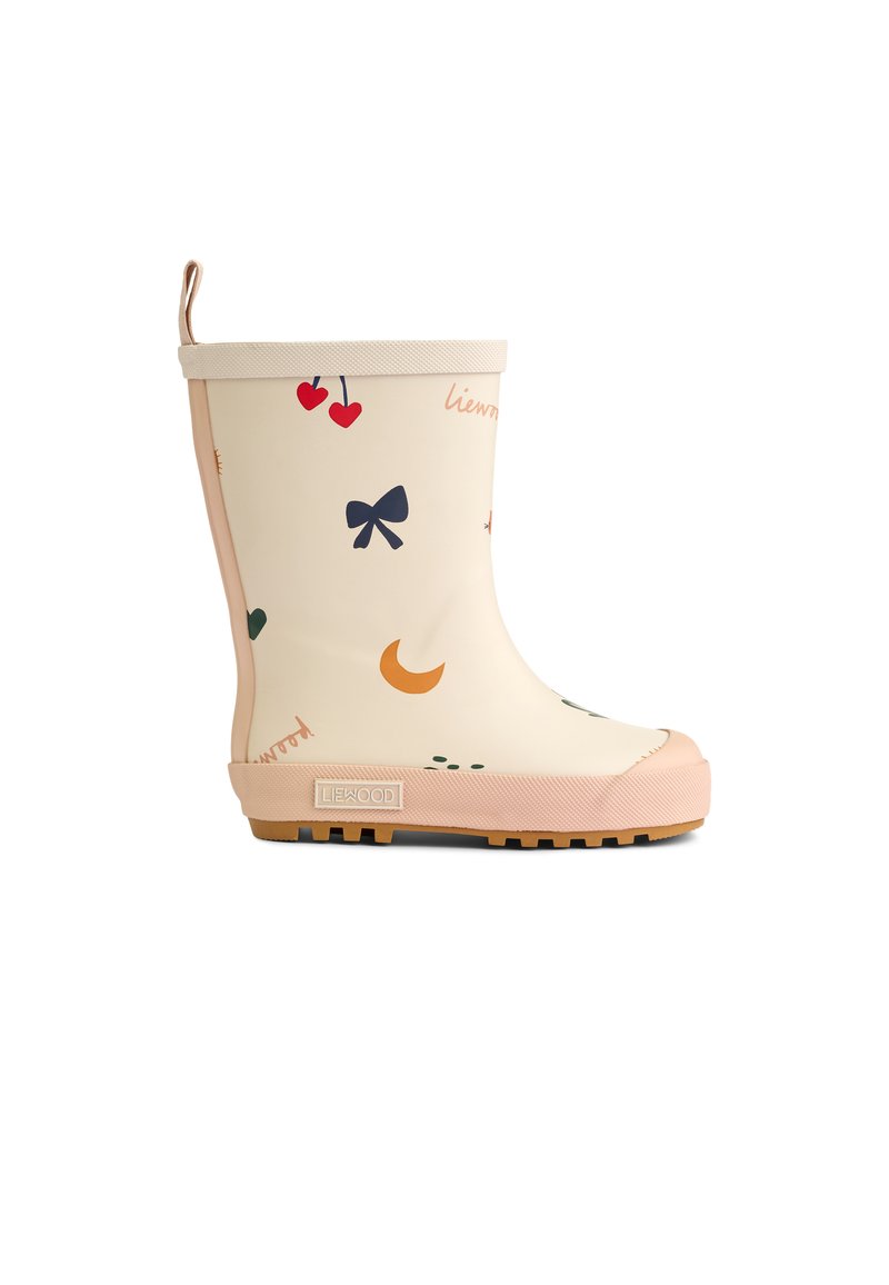 Šviesiai smėliniai guminiai lietaus batai, puošti išsidėsčiusiais spalvingais širdelių, kaspinų ir mėnulio raštais, su rožiniu padu ir tekstūruota paviršiumi.