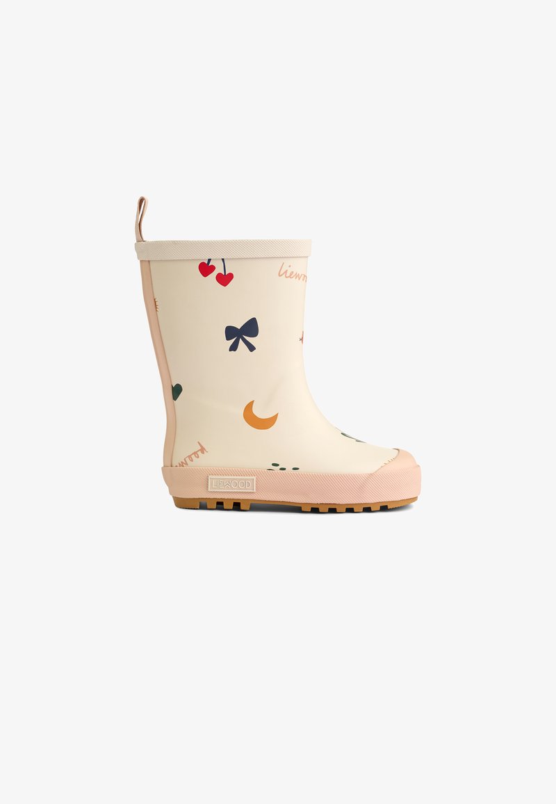 Šviesiai smėliniai guminiai lietaus batai, puošti išsidėsčiusiais spalvingais širdelių, kaspinų ir mėnulio raštais, su rožiniu padu ir tekstūruota paviršiumi.