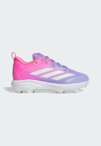 Lila- und rosa-Farbverlauf Fußballschuh mit weißer Sohle und drei weißen Adidas-Streifen an der Seite, von der Außenseite gezeigt.