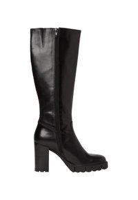 Botas de cuero negras hasta la rodilla con una cremallera lateral, tacón ancho y cuadrado, textura suave y punta redonda. Presentan una suela resistente para un buen agarre.