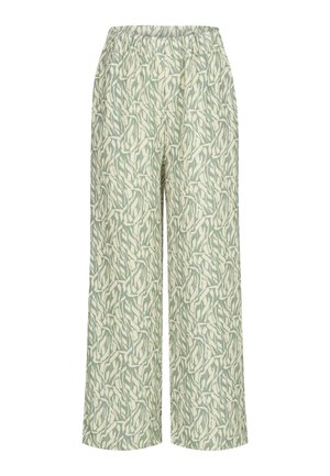 Pantalones de pierna ancha en verde claro con un patrón abstracto de hojas blancas. Cintura elástica y tela suave para mayor comodidad.