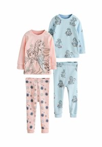 Två set barnpyjamas: en rosa överdel med karaktärstryck och byxor med snöflingemönster; en blå överdel med karaktärstryck och matchande byxor.