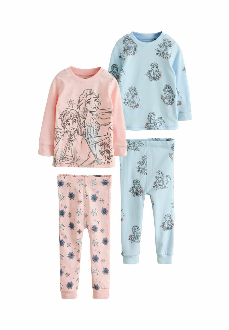 Två set barnpyjamas: en rosa överdel med karaktärstryck och byxor med snöflingemönster; en blå överdel med karaktärstryck och matchande byxor.
