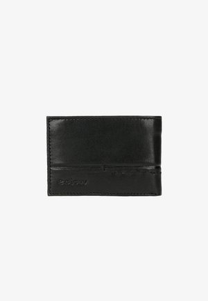 Black leather wallet with smooth texture, bi-fold design, embossed logo, and stitched accents. Compact shape for easy carrying.