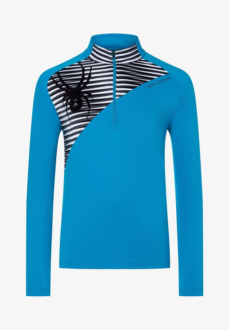 Haut de sport bleu à manches longues avec un panneau rayé noir et blanc, un graphique de spider noir sur le côté gauche de la poitrine, et un col zippé au quart.