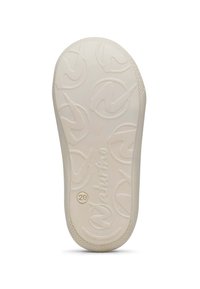 White rubber shoe sole featuring a textured pattern of circular logos and a central brand name, with a rounded toe and side grip accents.