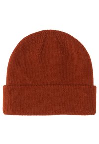 Stickad mössa i djupt orange. Har en vikbar brätte, ribbad textur och en topp med en spets. Tillverkad av mjukt, elastiskt tyg.