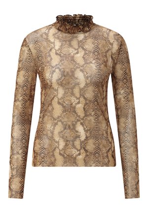 Langärmeliges Oberteil mit Schlangenprint in Braun- und Beigetönen; hoher, geraffter Kragen; glatte Textur; figurnah geschnitten.