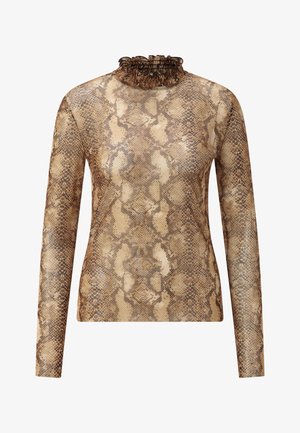 Langärmeliges Oberteil mit Schlangenprint in Braun- und Beigetönen; hoher, geraffter Kragen; glatte Textur; figurnah geschnitten.