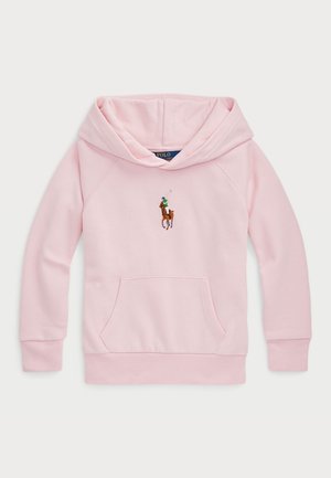 Sweatshirt rosa com capuz e bolso frontal, apresentando um design bordado de cavalo e cavaleiro. Feito de tecido macio e texturizado com punhos canelados.
