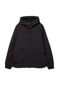 Giacca leggera nera con cappuccio, dotata di zip frontale, chiusure a scatto, tasche laterali, polsini elasticizzati e un tessuto strutturato.