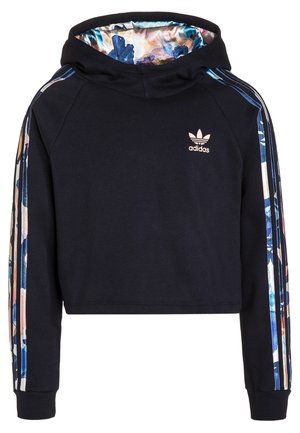 Czarna krótka bluza z kapturem Adidas z kolorowymi paskami w kwiatowy wzór na rękawach oraz kwiatowym podszewką kaptura, logo Adidas na piersi.