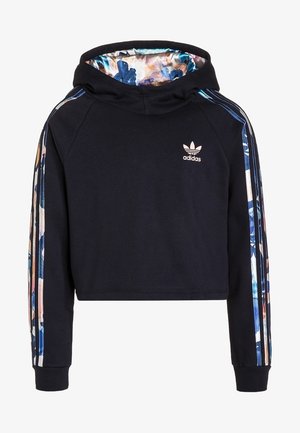 Schwarzer, kurz geschnittener Adidas-Hoodie mit mehrfarbigen, floral gemusterten Streifen an den Ärmeln und mit Blumenmuster gefütterter Kapuze, Adidas-Logo auf der Brust.