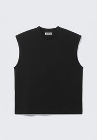 Schwarzes ärmelloses T-Shirt aus Baumwolle, mit Rundhalsausschnitt und lockerer Passform, klaren Kanten und minimalistischem Design.