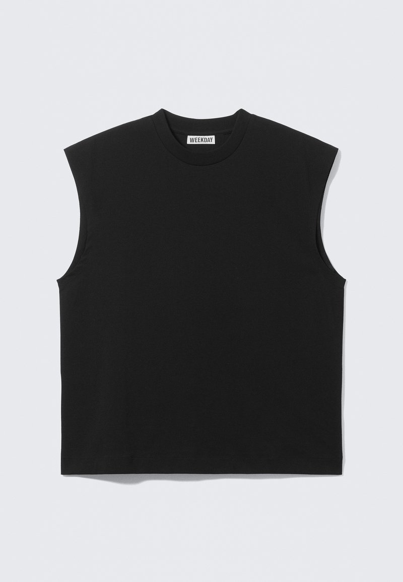 Schwarzes ärmelloses T-Shirt aus Baumwolle, mit Rundhalsausschnitt und lockerer Passform, klaren Kanten und minimalistischem Design.