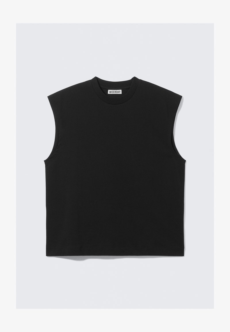 Schwarzes ärmelloses T-Shirt aus Baumwolle, mit Rundhalsausschnitt und lockerer Passform, klaren Kanten und minimalistischem Design.