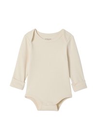 Long-sleeve baby bodysuit made of soft cream-colored fabric, featuring a round neckline, rolled sleeves, and snap closures at the bottom.