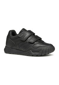 Baskets en cuir noir avec deux sangles Velcro, panneaux texturés, semelle en caoutchouc et col rembourré pour le confort. Marque Geox visible sur la sangle.