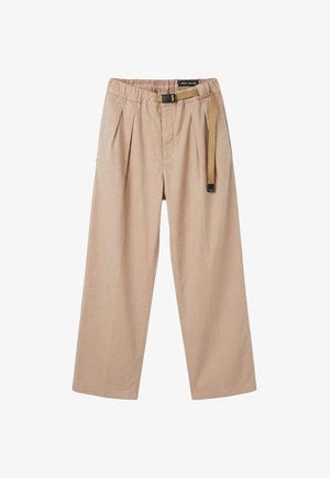 Pantaloni beige a gamba larga con pieghe, vita elastica e cintura in tessuto color cuoio con fibbia nera.