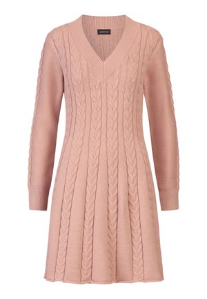 Sukienka swetrowa w warkoczowy wzór w miękkim różowym kolorze, z dekoltem w szpic, długimi rękawami i teksturowanymi wzorami na całej powierzchni. Gładkie, prążkowane mankiety.
