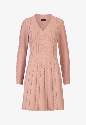Kabelgebreide sweaterdress in zachtroze, met een V-hals, lange mouwen en geweven patronen over het lichaam. Glad, geribbeld manchet.