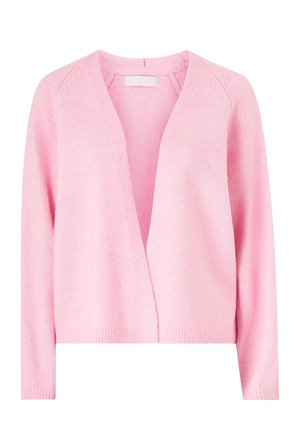 Pink knit cardigan with a V-neck design, long sleeves, and ribbed cuffs. Soft texture and open front style, providing casual layering options.