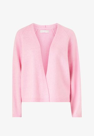 Roze gebreid vest met V-hals, lange mouwen en geribbelde manchetten. Zachte textuur en open voorkant, ideaal voor casual laagjes.