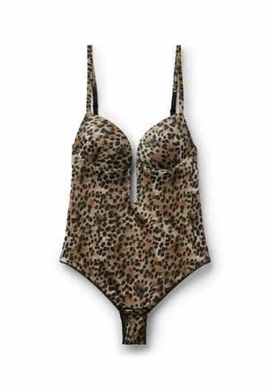 Body de lencería con estampado de leopardo, copas con aros, tirantes ajustables y escote profundo en V sobre fondo blanco.