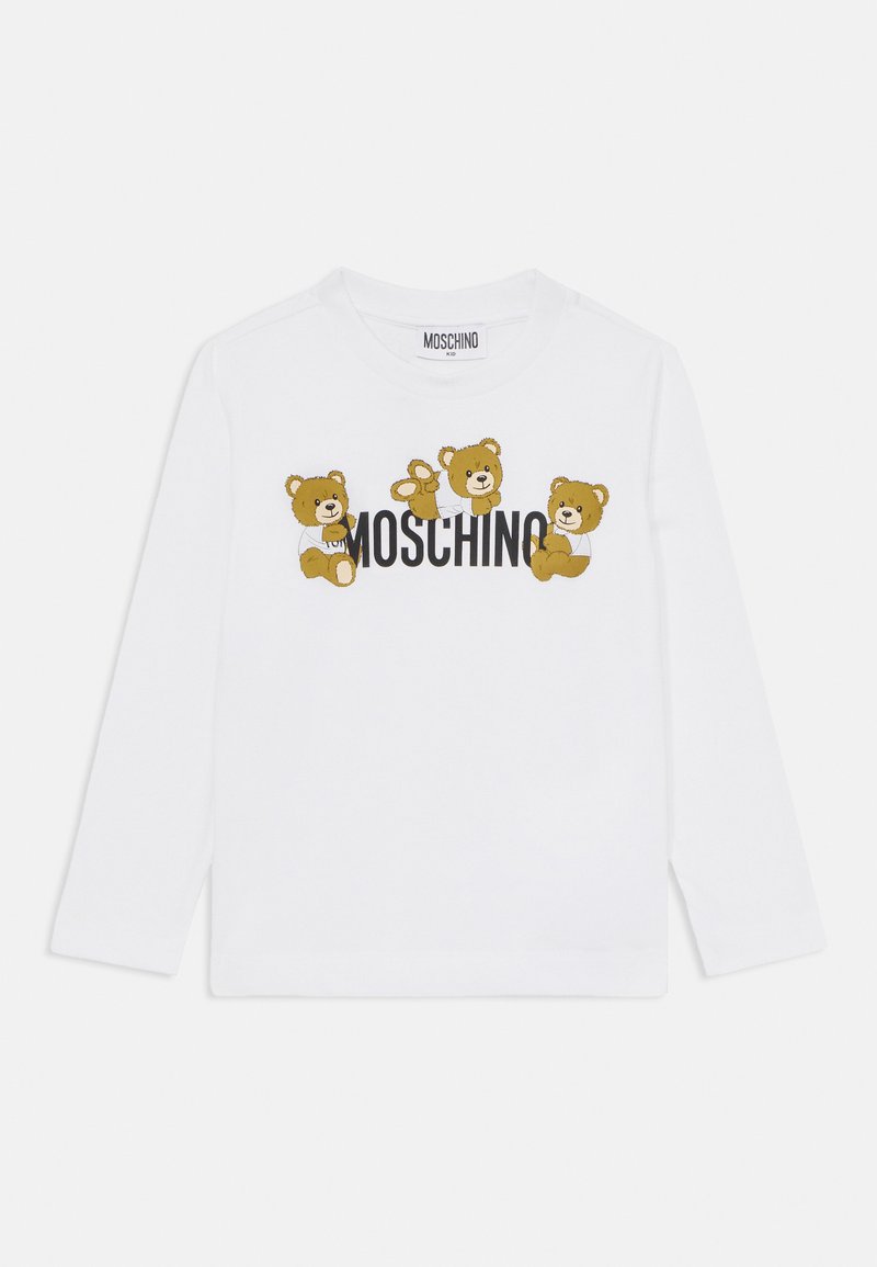 Camiseta blanca de manga larga con osos de dibujos animados y el texto "Moschino" en negro. Material de algodón suave con cuello redondo.