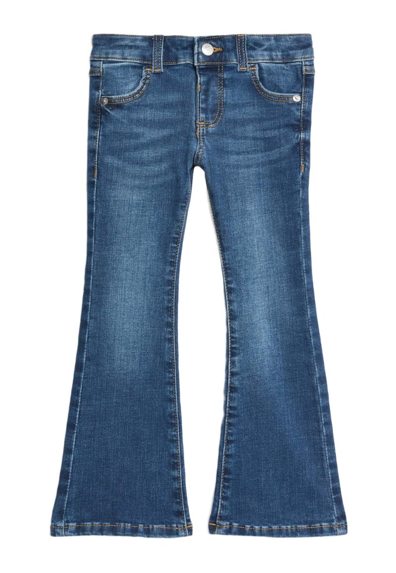 Jeans i denim med utsvängd ben, medeltonad tvätt, femfickorsdesign, dragkedja, silvrig knapp och stickningsdetaljer. Slät textur och strukturerad form.