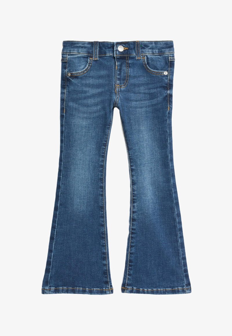 Jeans en denim évasés, lavage moyen, design à cinq poches, fermeture éclair, bouton en argent et accents de surpiqûres. Texture lisse et forme structurée.