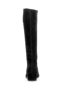 Zwarte suede kniehoge laars met een blokhak, met een zijrits en een gladde textuur, ontworpen voor een getailleerde silhouet.
