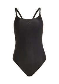 Čierny rebrovaný jedno dielny plavkový komplet s nastaviteľnými tenkými ramienkami a detailom loga na prednej strane. Aerodynamický dizajn, vhodný na plávanie.